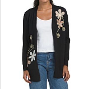 Sioni Black Cardigan with Floral Embroidery